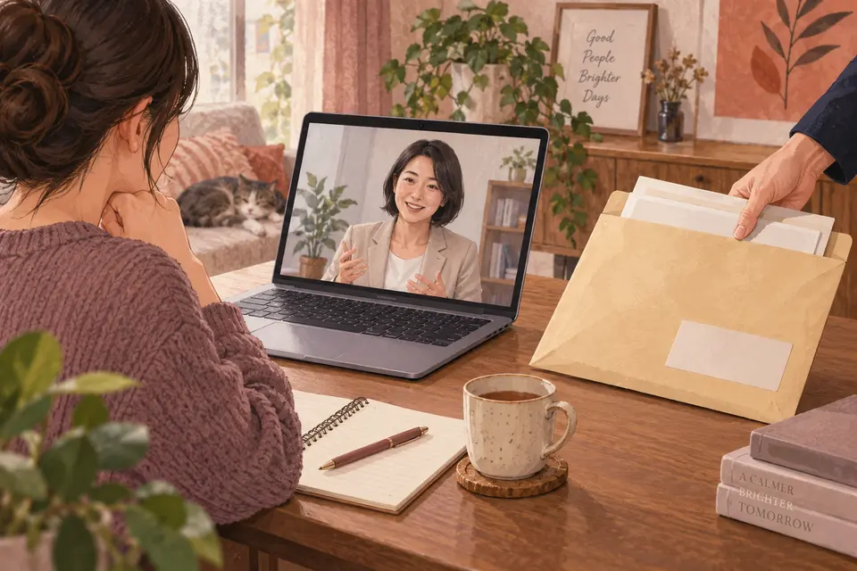 オンラインの相談と郵送用の封筒を用意するイメージ
